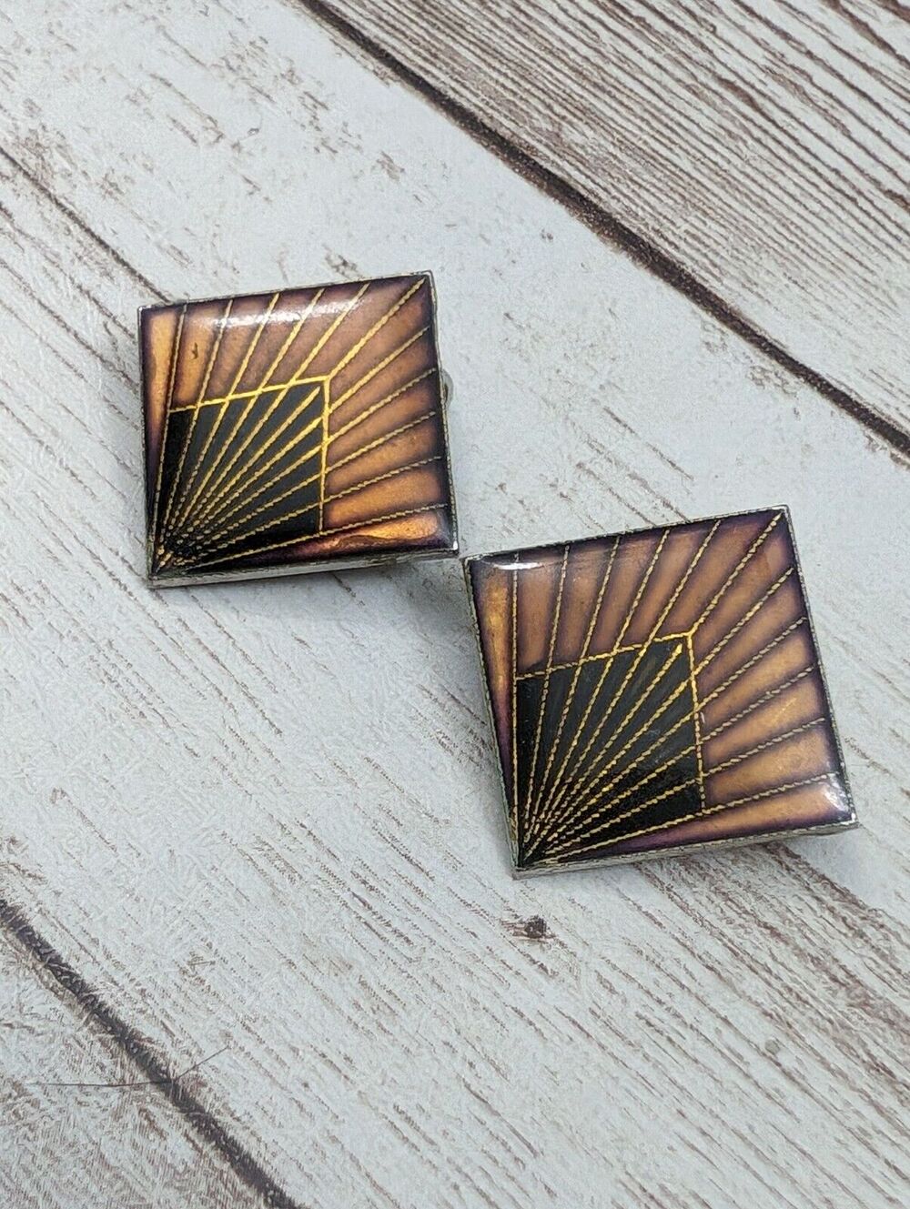 Vintage Clip On Earrings Statement Diamond Shape with Design